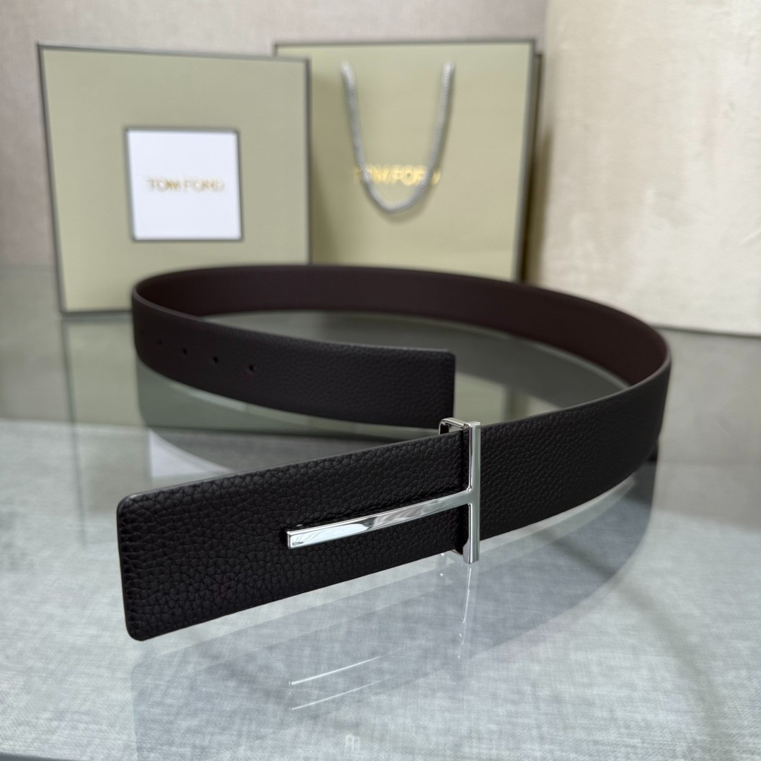 Tom Ford Belt Reversible T-Buckle Black/Brown Calfskin Leather Belt