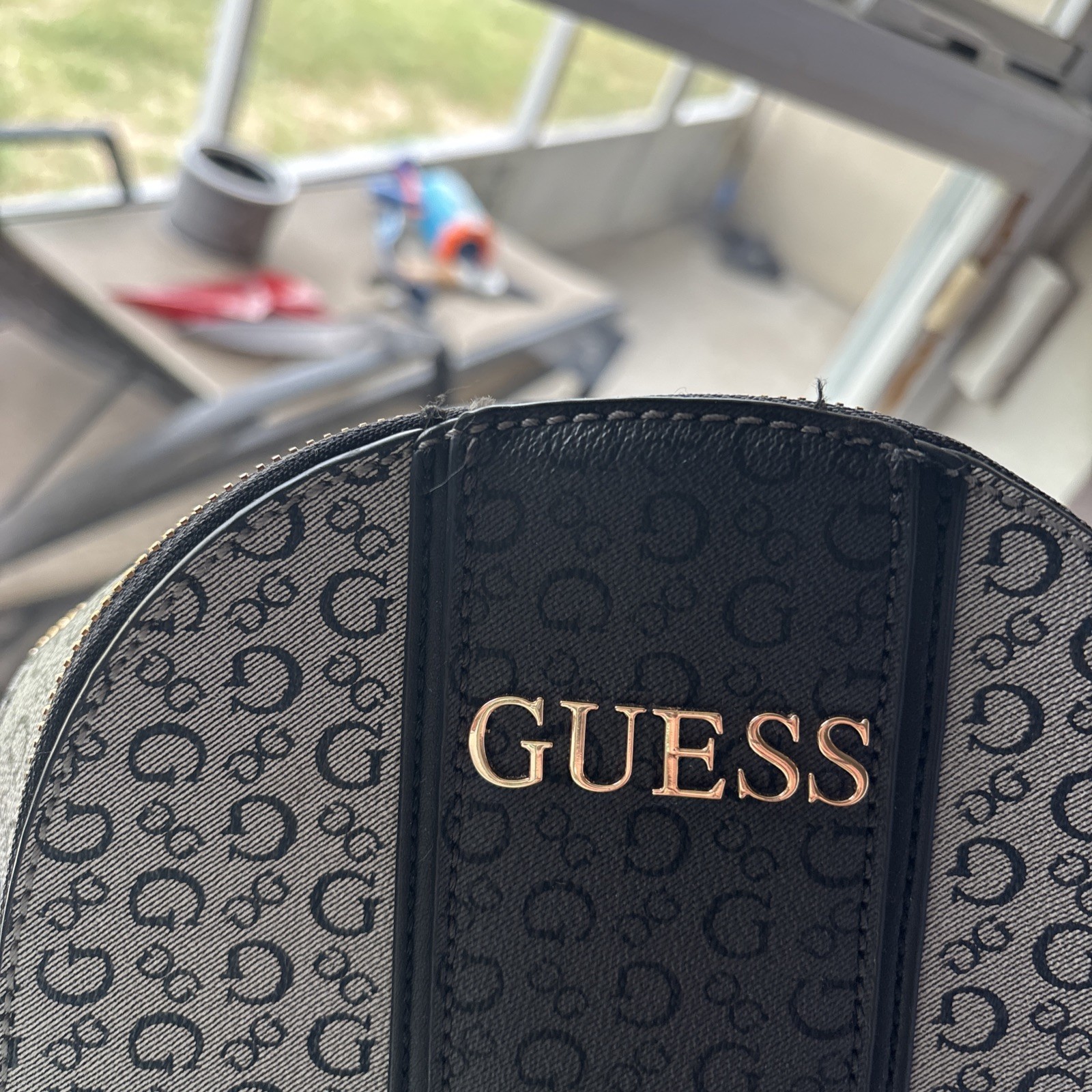 GUESS Women’s Logo Zip Backpack Black/Gray with Gold Hardware, Adjustable Straps