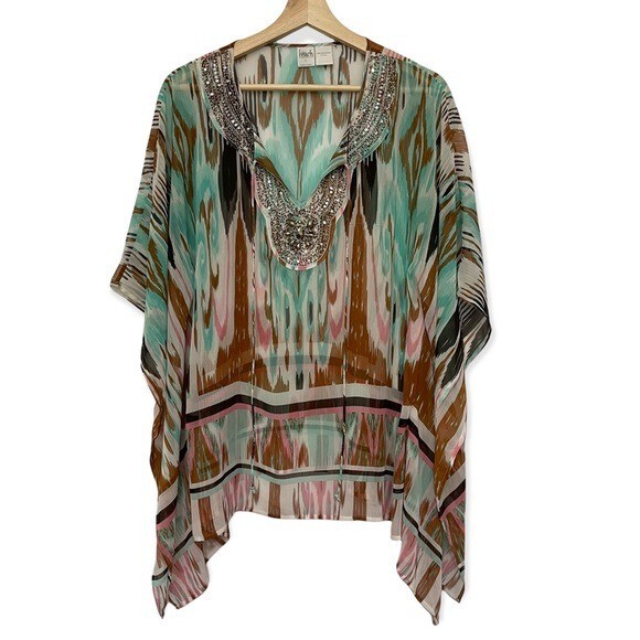 Beach Inc Boho Beaded Sheer Top Swim Cover Up Resort Wear Tan Turquoise Vacay S