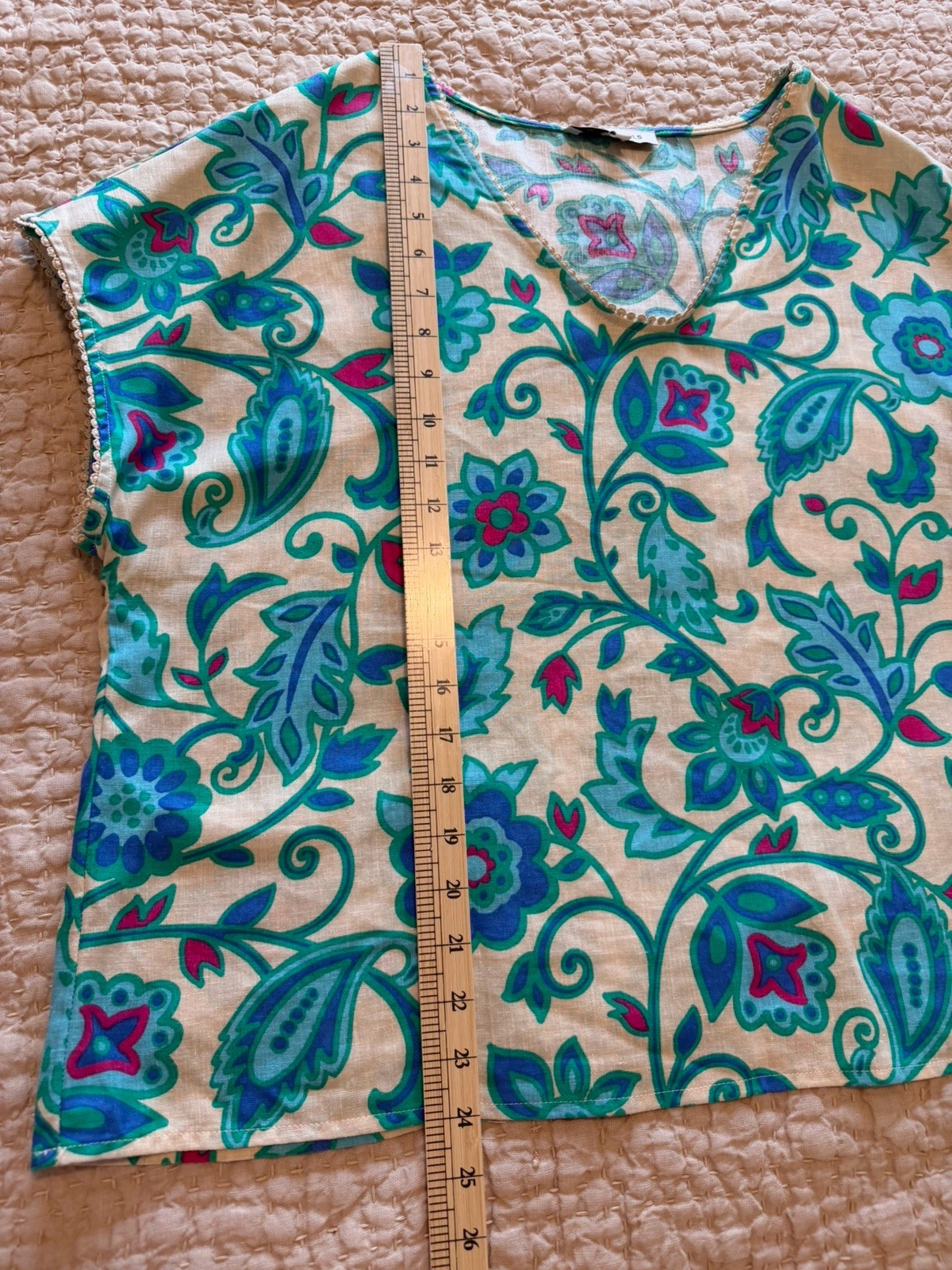 Emily Daniels XL Linen Blend Floral V Neck Blouse Boho Blue Green Pink Top