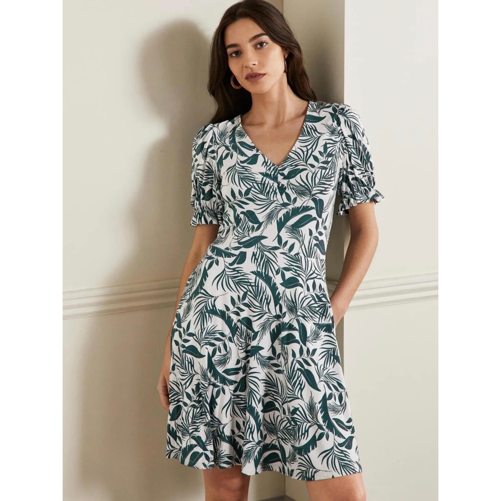 Boden Midnight Garden Tropic Foliage Midi Dress Pockets Green & White Size 10R
