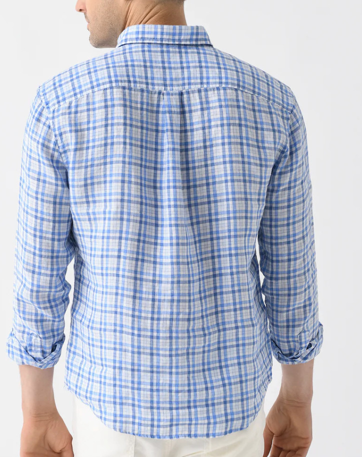 NEW JOHNNIE-O HANGIN’ OUT LAGUNA BLUE BRONX PLAID LINEN BUTTON UP SHIRT SZ XL