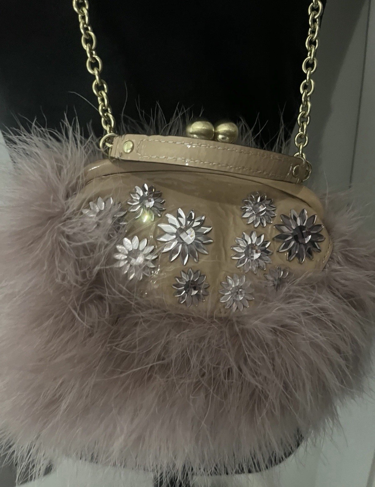 RARE Coach- Pink Poppy Feathered & Jeweled Frame Clutch Bag