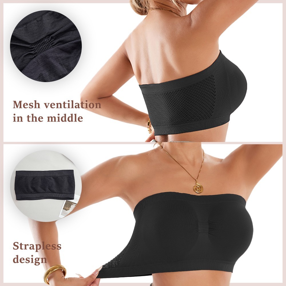 Strapless Bandeau Bra Breathable Mesh Wireless Push Up Anti Slip Tube Top Bra