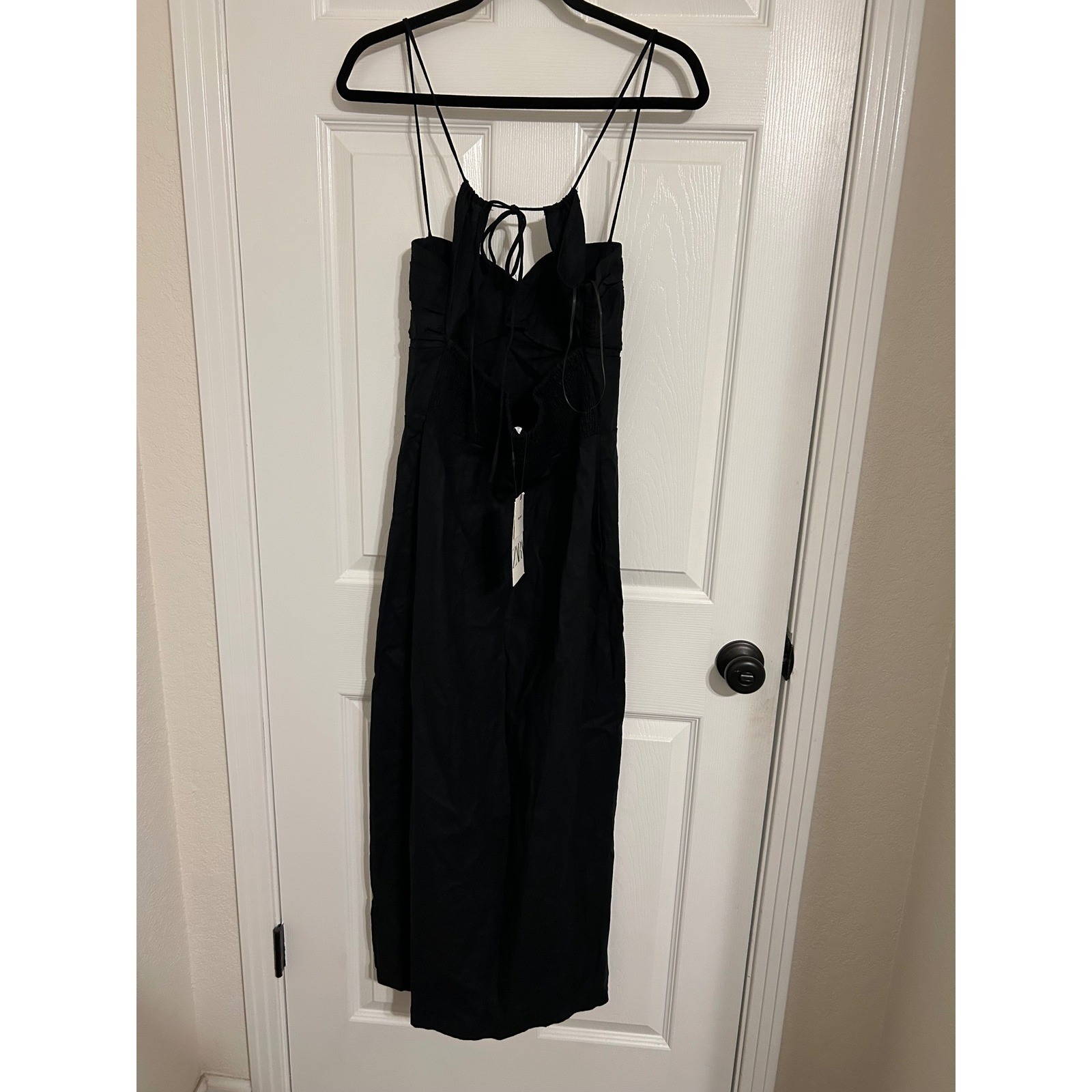 Zara Black Linen Blend Midi Dress Spaghetti Strap Cut Out Back NWT