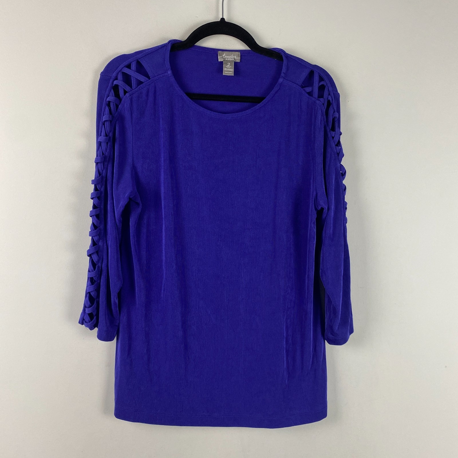 Chicos Travelers Lattice Sleeve Top Size 2 US Large Slinky Knit Purple