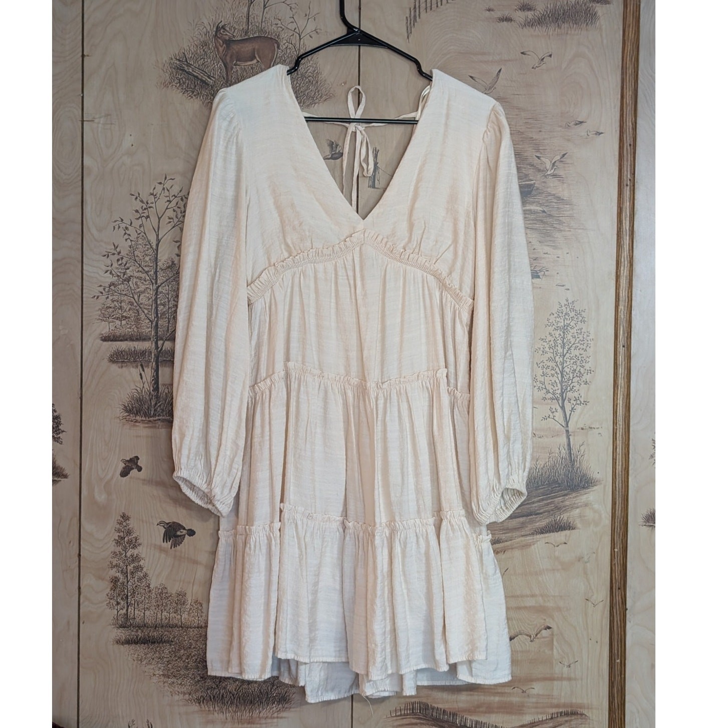 Altr’d State Indie Western Romantic Cream Tiered Mini Dress with tie back Size M