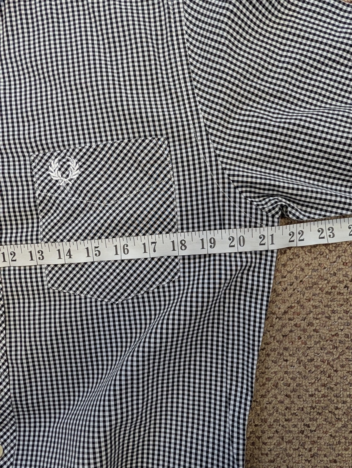 Fred Perry Gingham Check Shirt Mens Large Black and White Short Sleeve Mod 60s