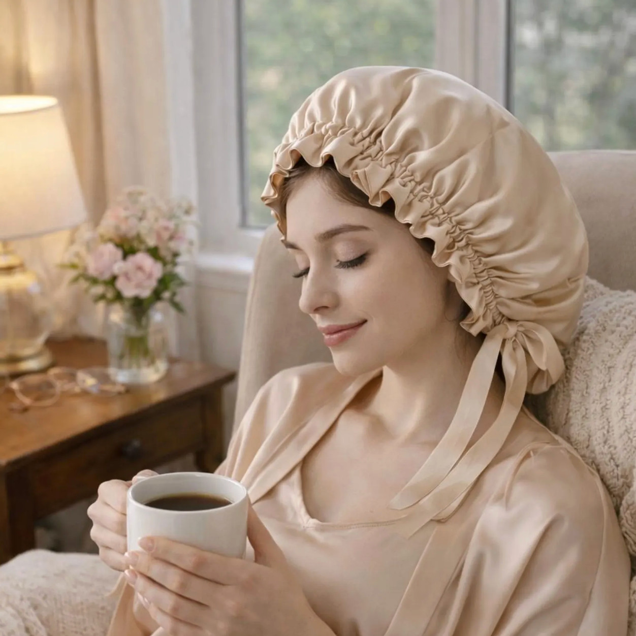 100% Mulberry Silk Double Layer Bonnet, Adjustable Non Slip Sleep Cap