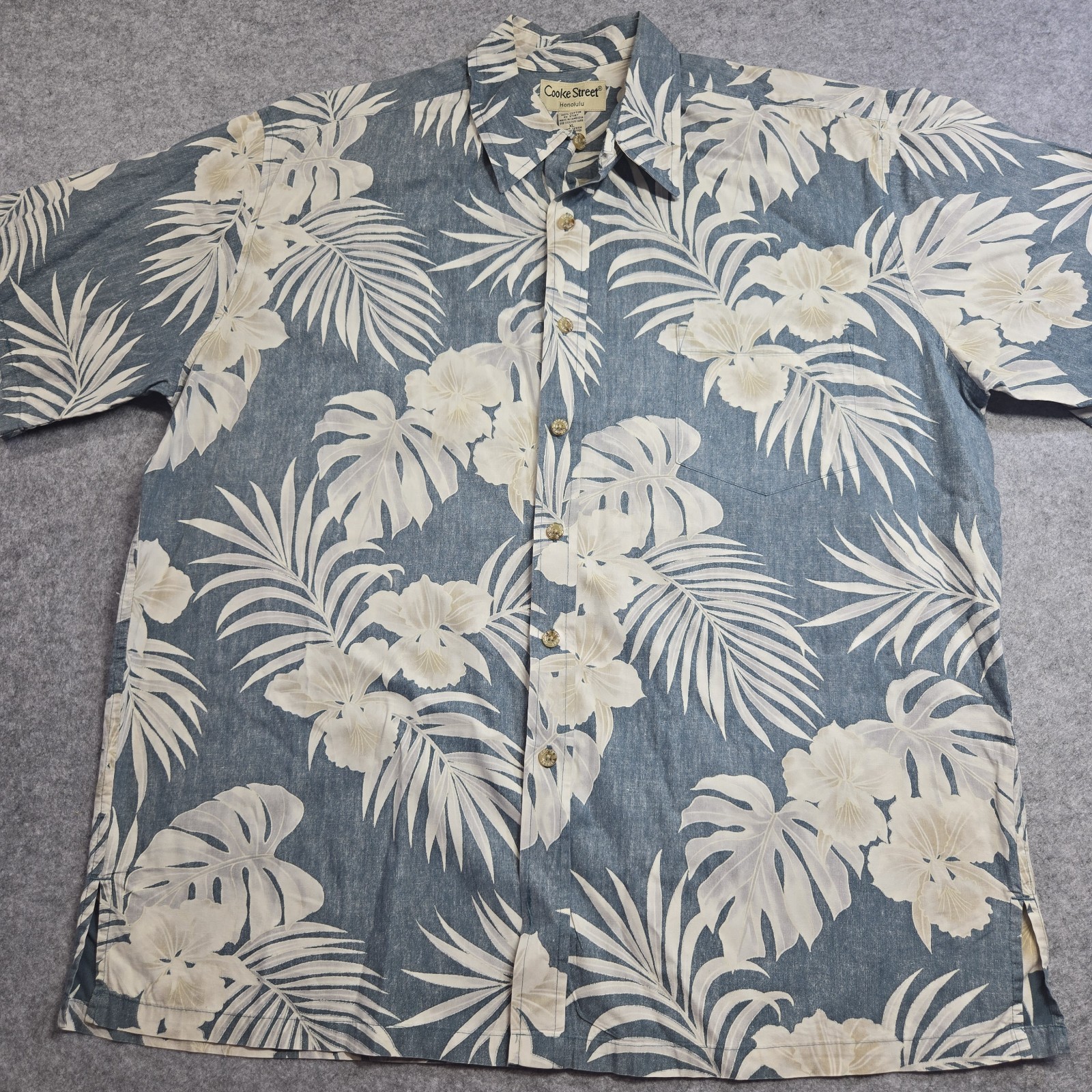 Cooke Street Mens XL SS Shirt Button Up Blue Beige Camp Hawaiian Floral Aloha