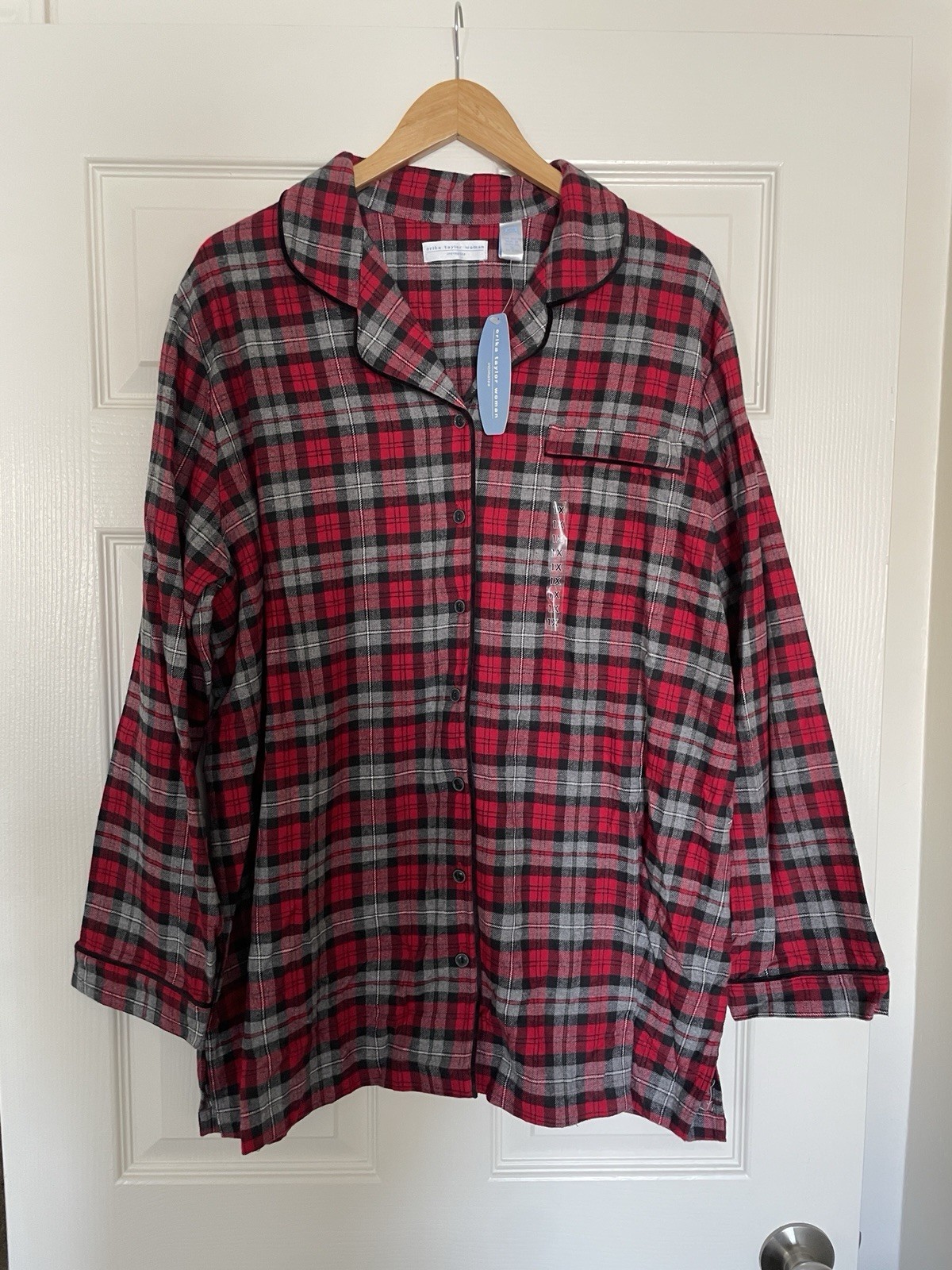 Erika Taylor Woman Intimates Plaid Button-Front Pajama Top – Red & Gray