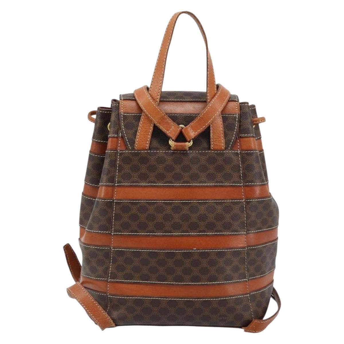 CELINE Macadam Canvas Backpack PVC Leather Brown Gold Auth bs33733
