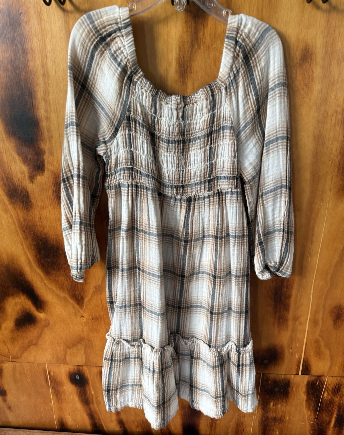 Old Navy Beige Black White Plaid Smocked Ruffle Scoop Neck Puff Dress Size M