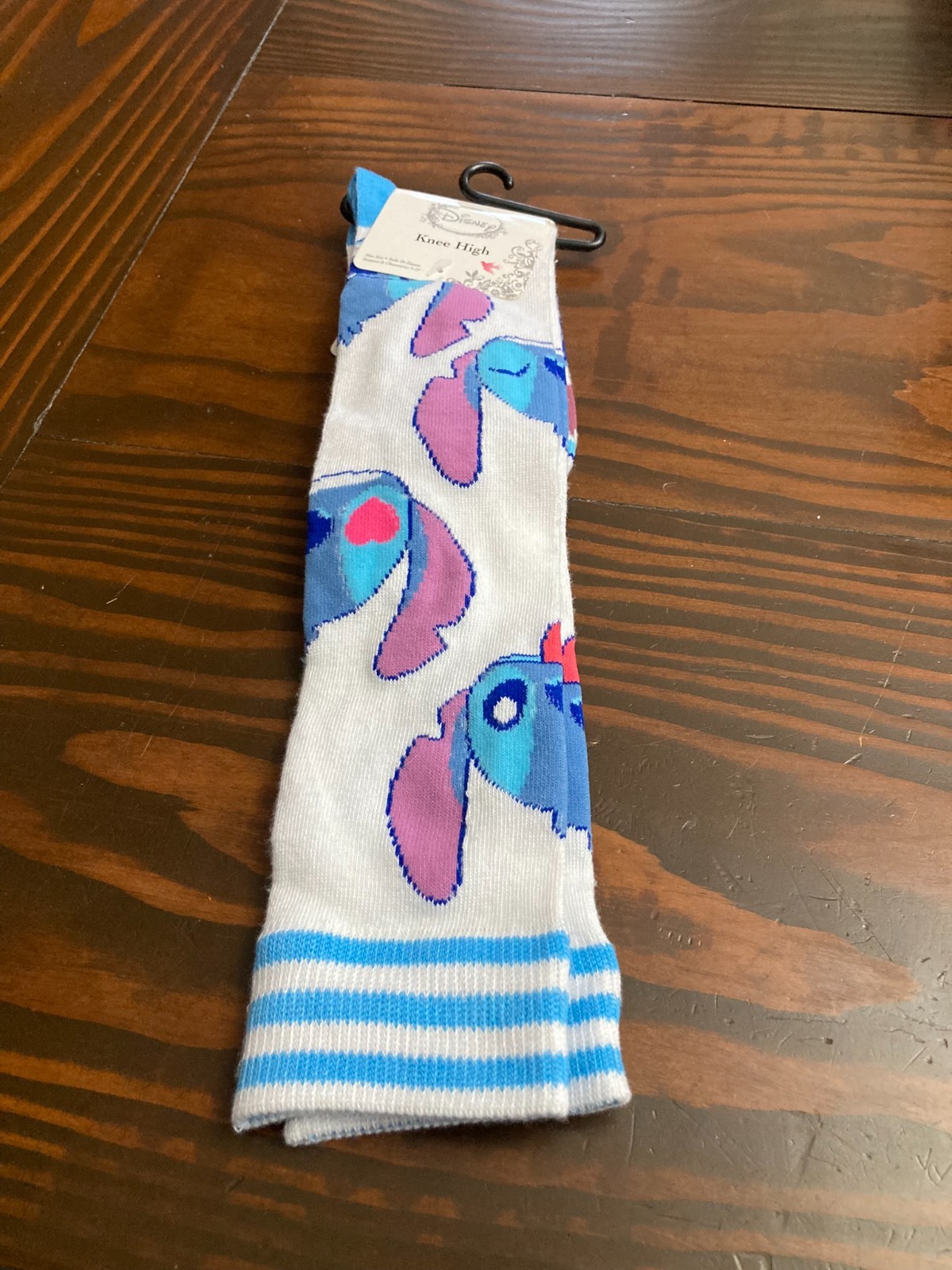 Disney Knee High Stitch Socks Cartoon Novelty White Blue NWT Shoe Size 4-10 Girl