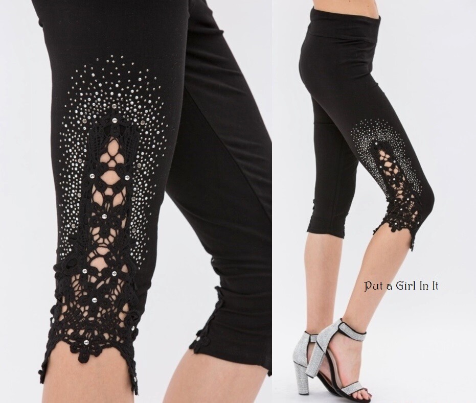 New VOCAL Womens CRYSTAL BLING SOFT BLACK LACE CAPRI LEGGINGS S M L XL 1X 2X 3X