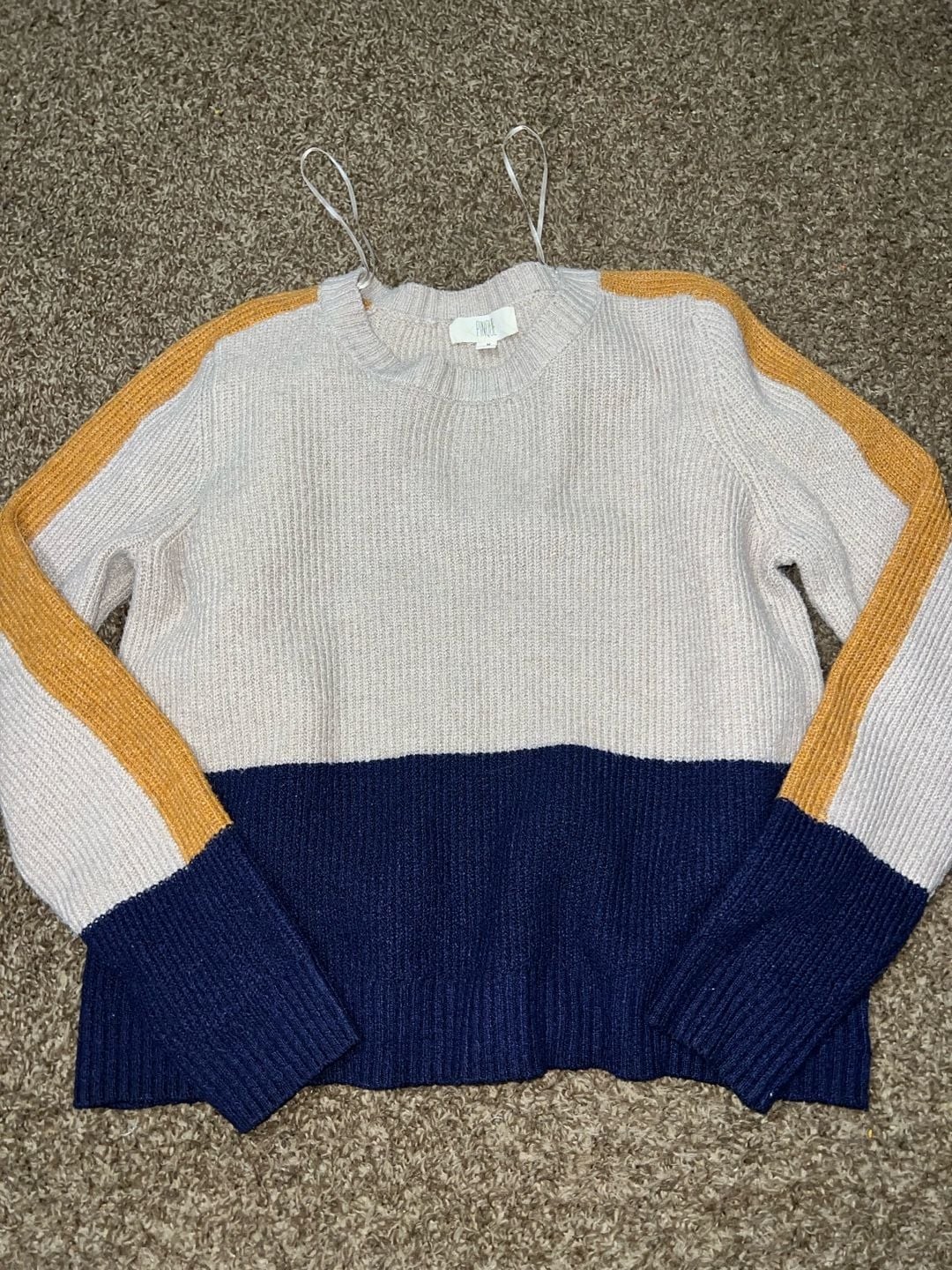 Pinque Zora Colorblock Ribbed Knit Pullover Sweater in Beige Navy and Gold