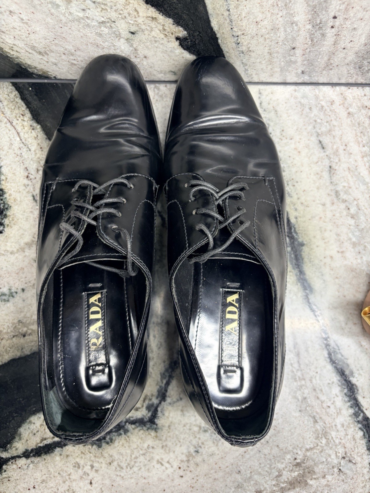 Prada Black Leather Derby Shoes Blue Rubber Sole Women’s EU 37 US 7 Italy