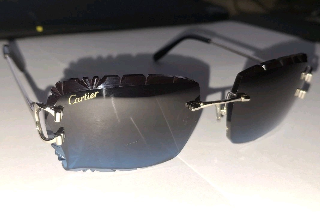 Cartier Rimless Big C Sunglasses Gradient Black & Blue Lenses Silver Frame