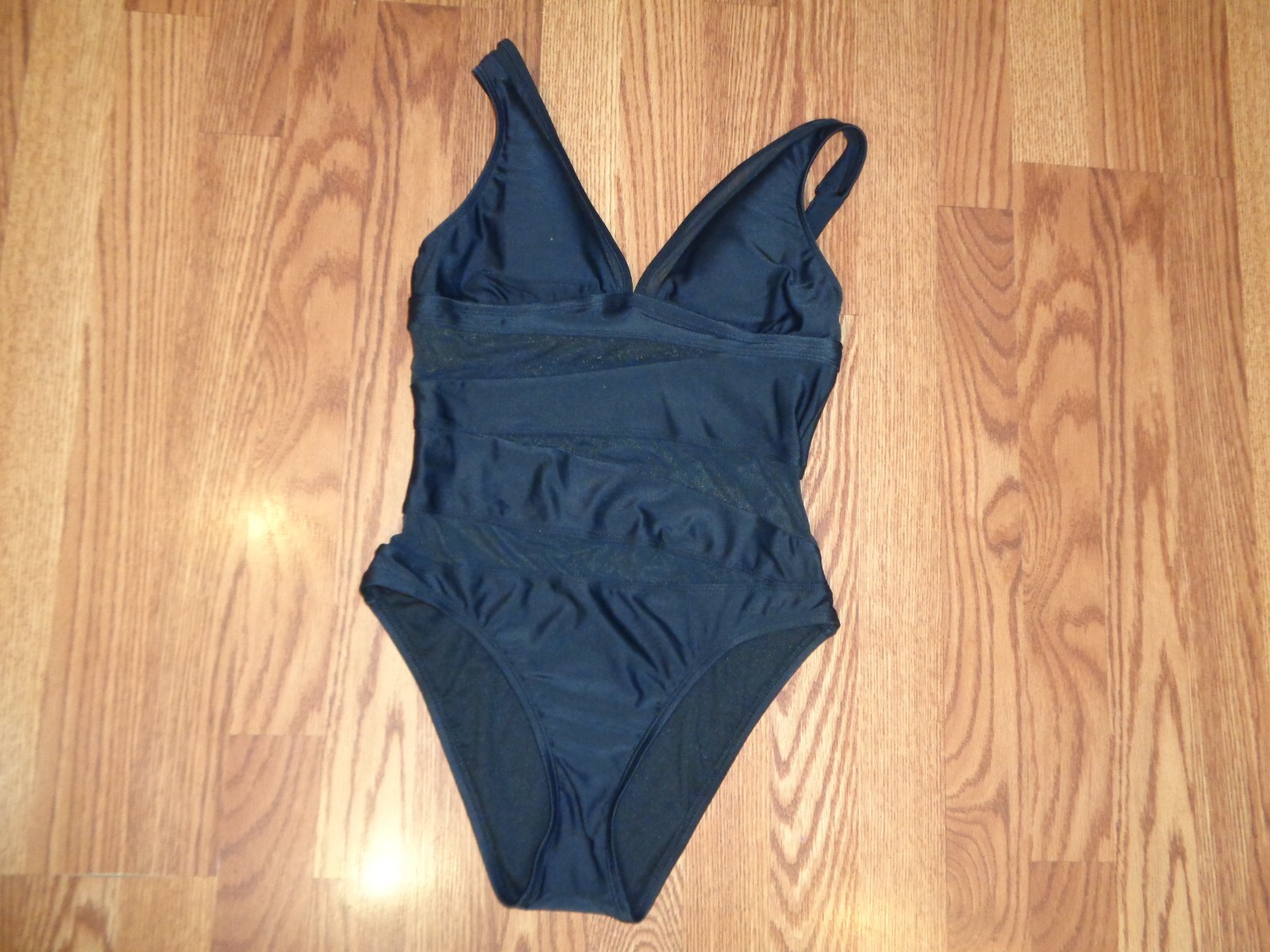 B CA ONE PIECE TANK SUIT V-NECK MESH INSET STRIPS PADDED CUPS BLACK NYLON SPAN S