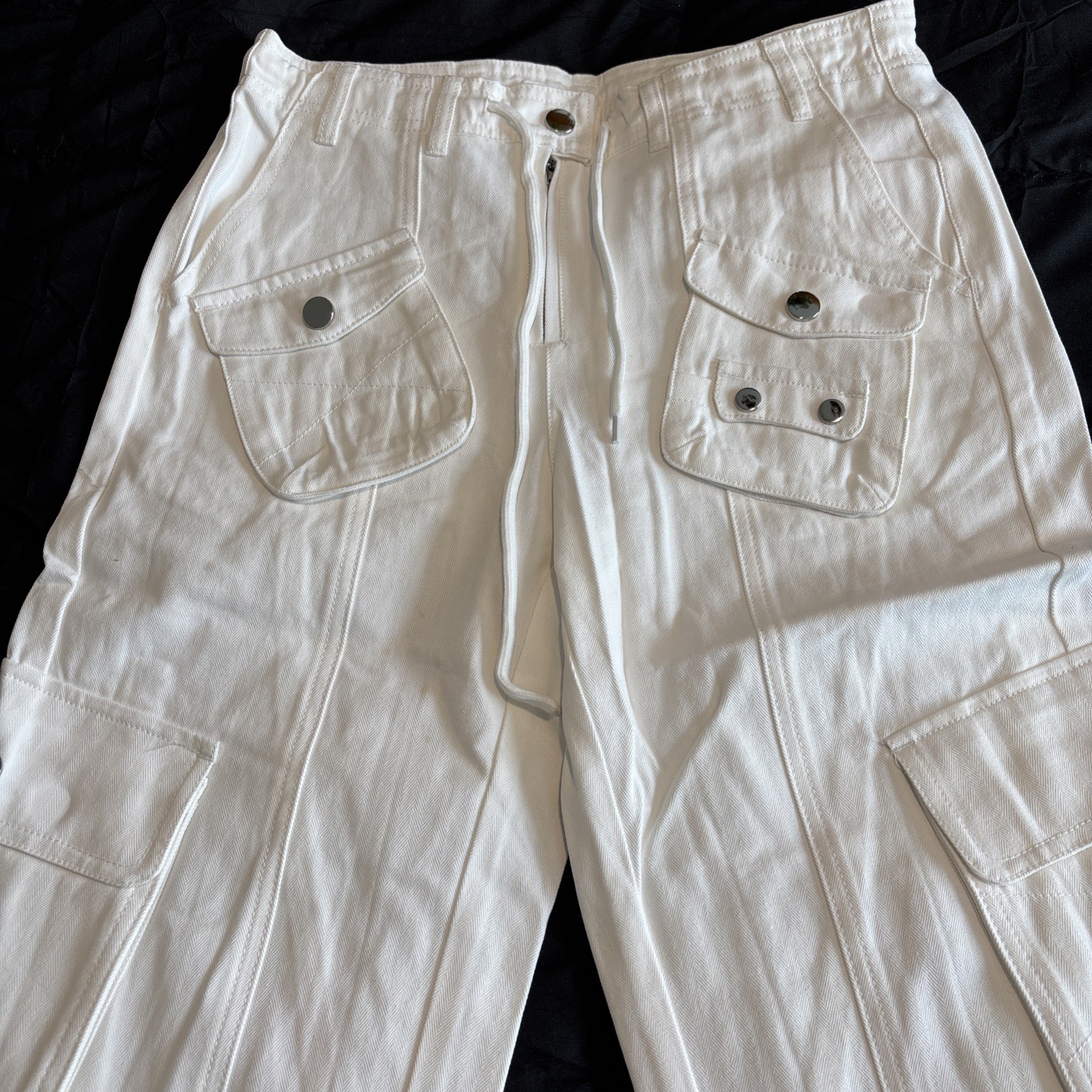 Womens XS Cargo Pants Drawstring Pockets Straight Leg Casual Pants White NWT