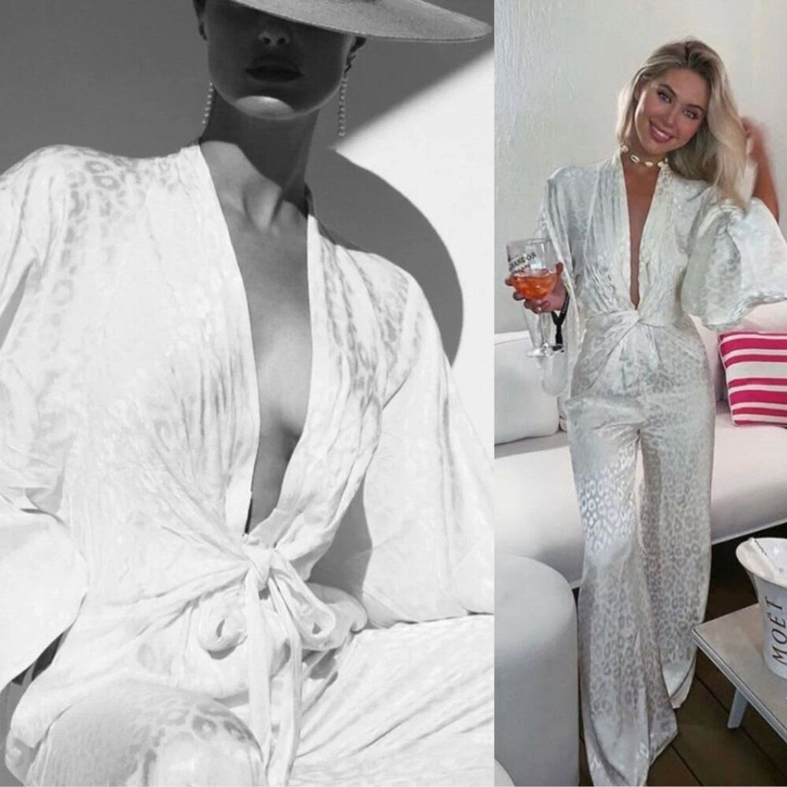 Rat & Boa Bianco Kimono Jumpsuit Satin White Animal Print Wide Leg Size XS