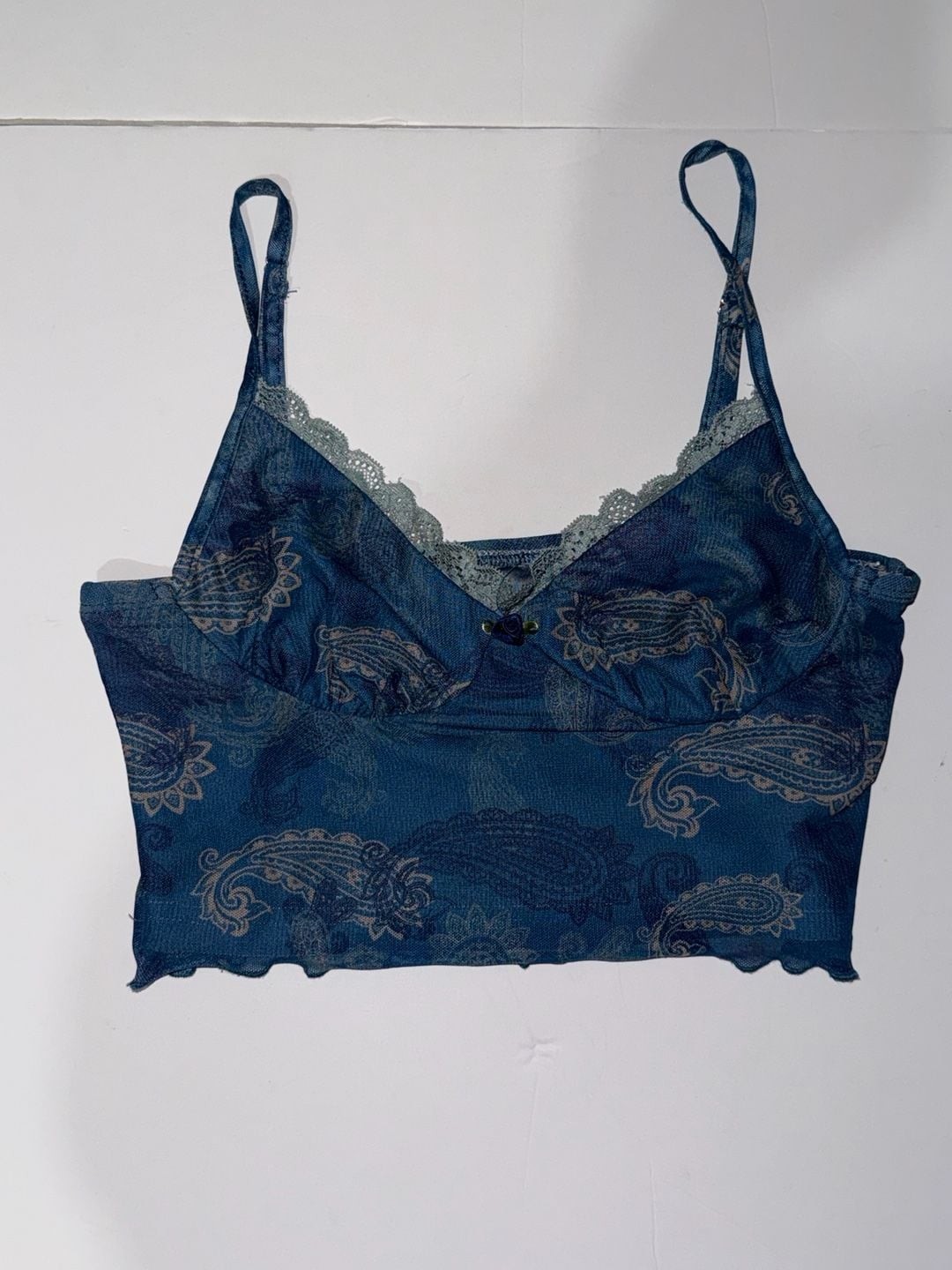 Cider Paisley Print Lace Trim Mesh Cami Crop Top