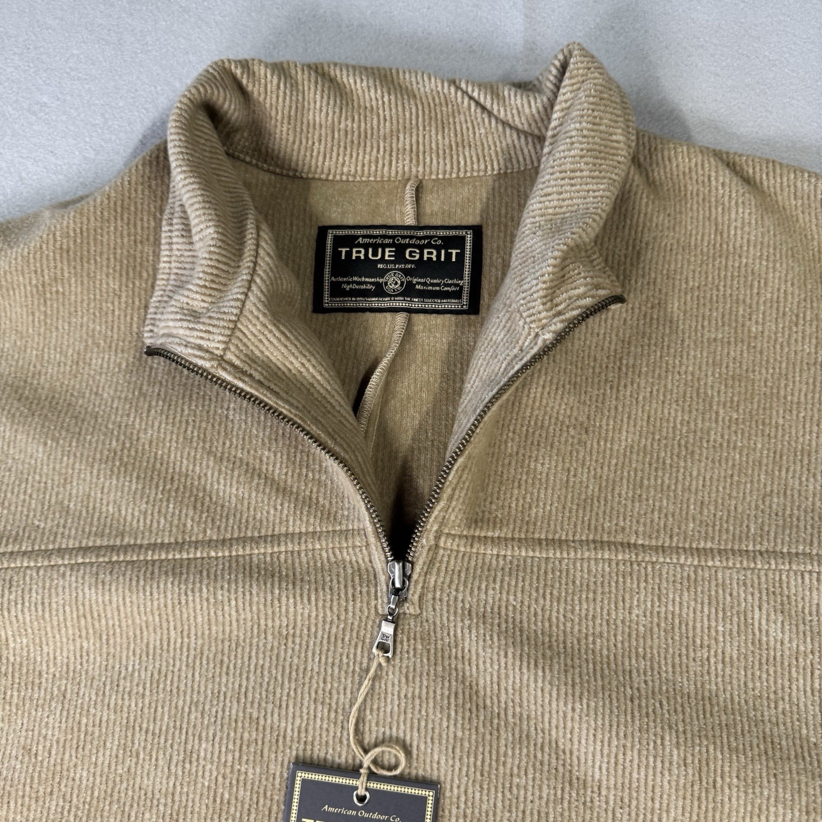 TRUE GRIT Mens XL 1/4 Zip Pullover Sweater Khaki Textured Casual Outdoor Soft