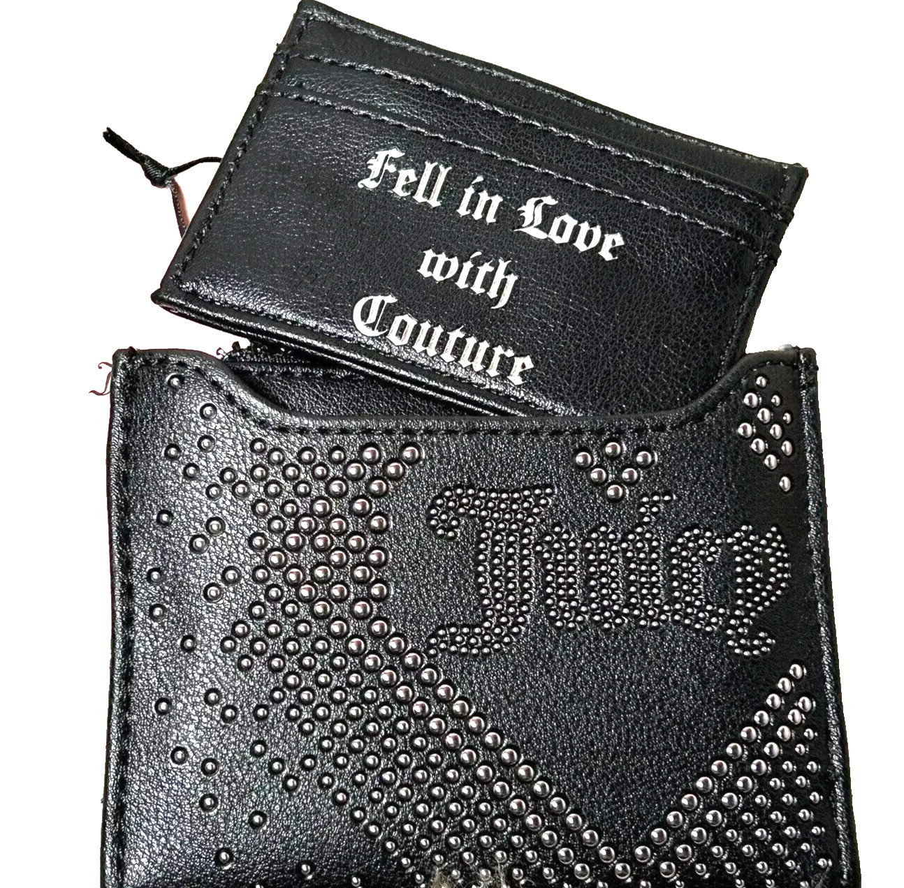 NWT Juicy Couture 2 Piece Set Bifold Wallet + Card Case Silver Tone Studded Logo