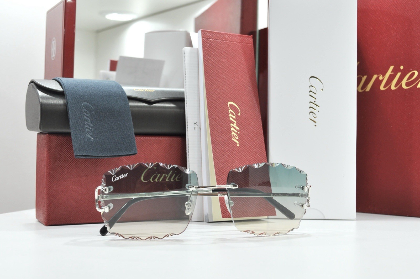 Cartier rimless sunglasses piccadilly glasses Diamond Cut BIG C silver Frame