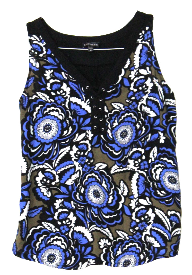 EXPRESS SLEEVELESS TUNIC BLOUSE ladies size XS black blue beige floral silky