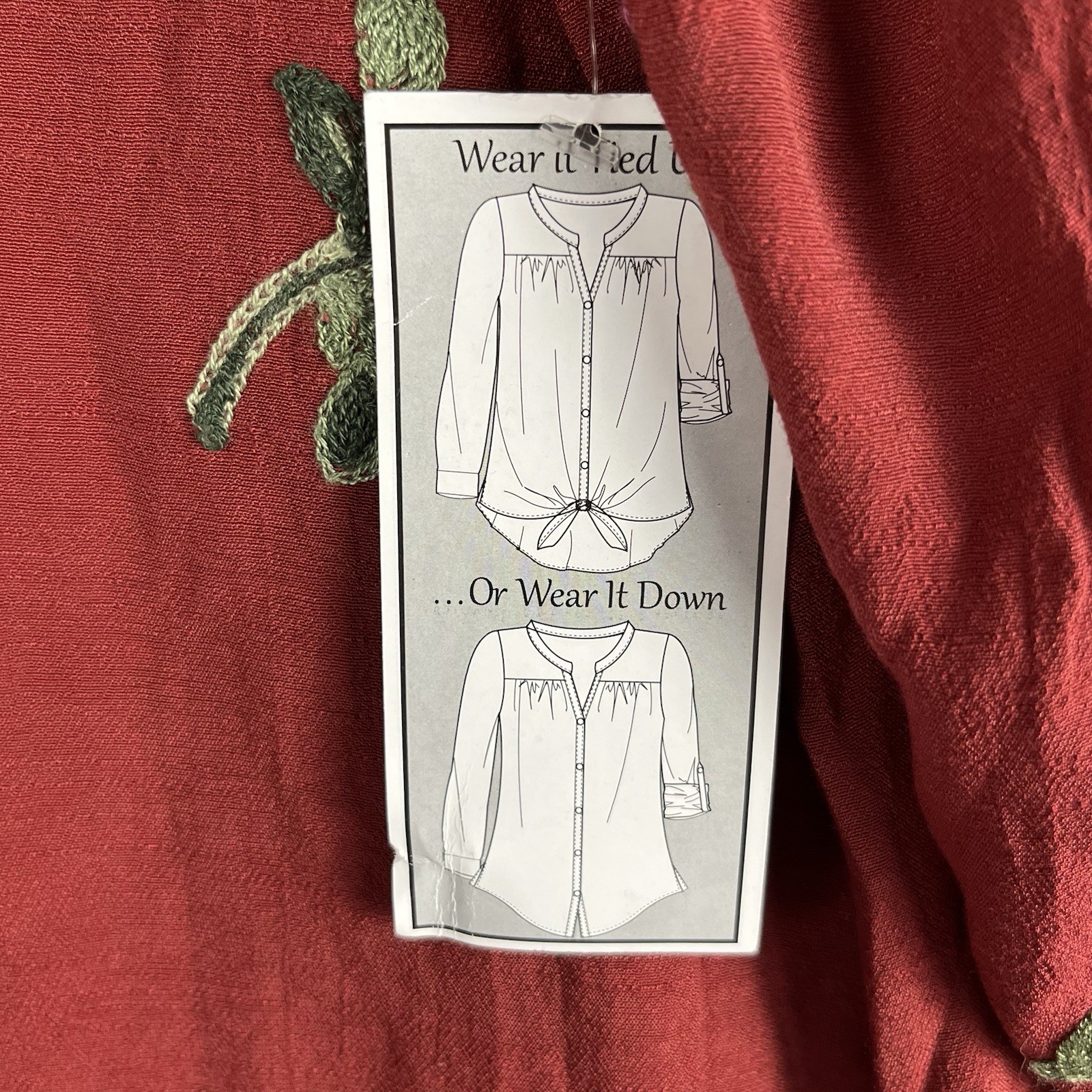 NEW Fig and Flower Blouse Womens 3X Burgundy Embroidered Floral Button Up Top