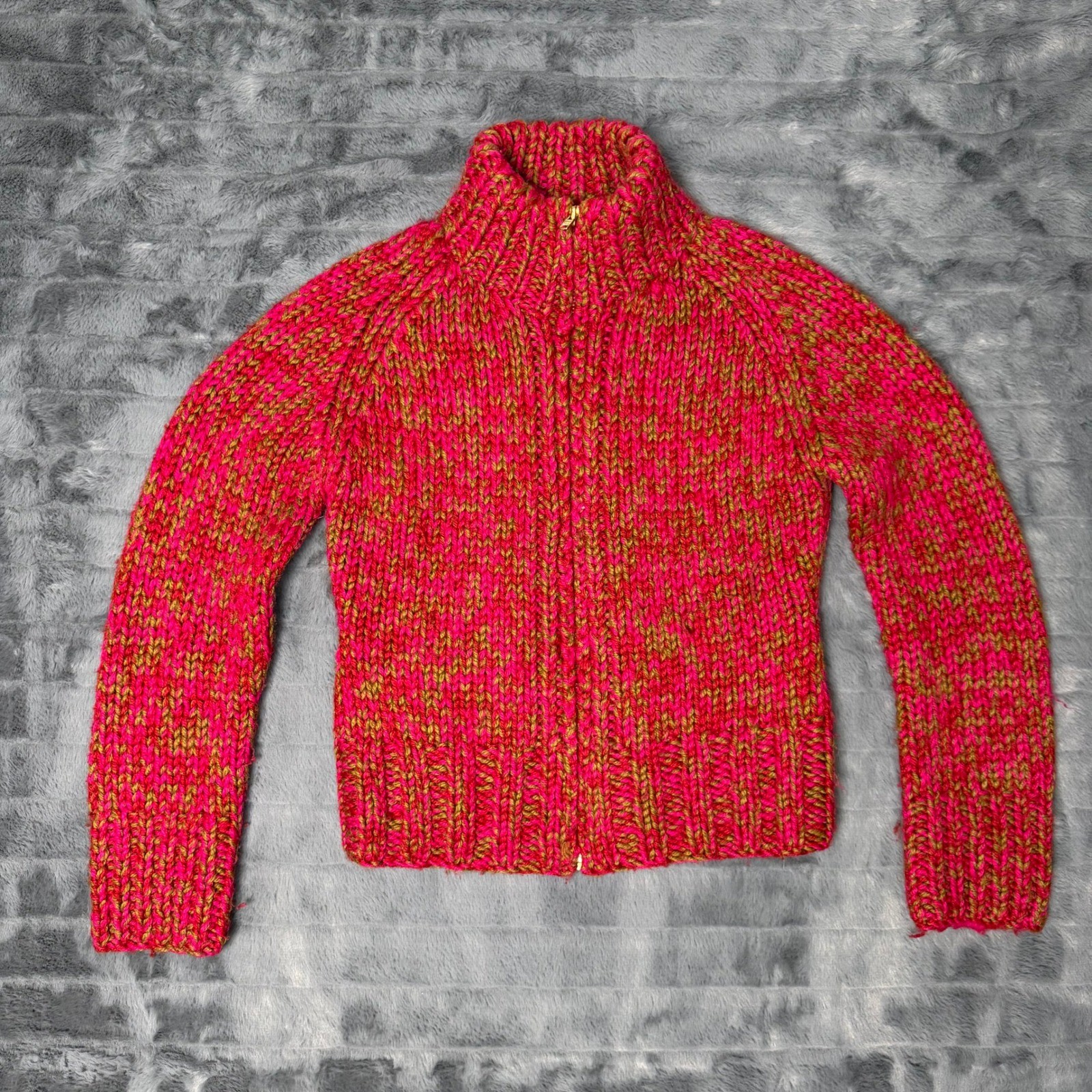 J.Crew Full Zip Cardigan Womens Small Pink Olive Marled Chunky Wool Blend Mock