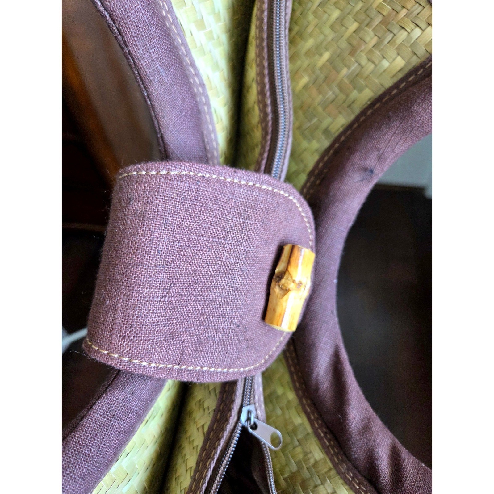 Large Brown Hemp Beach Tote Bag Bamboo Top Handle Zip Closure Boho Summer Travel