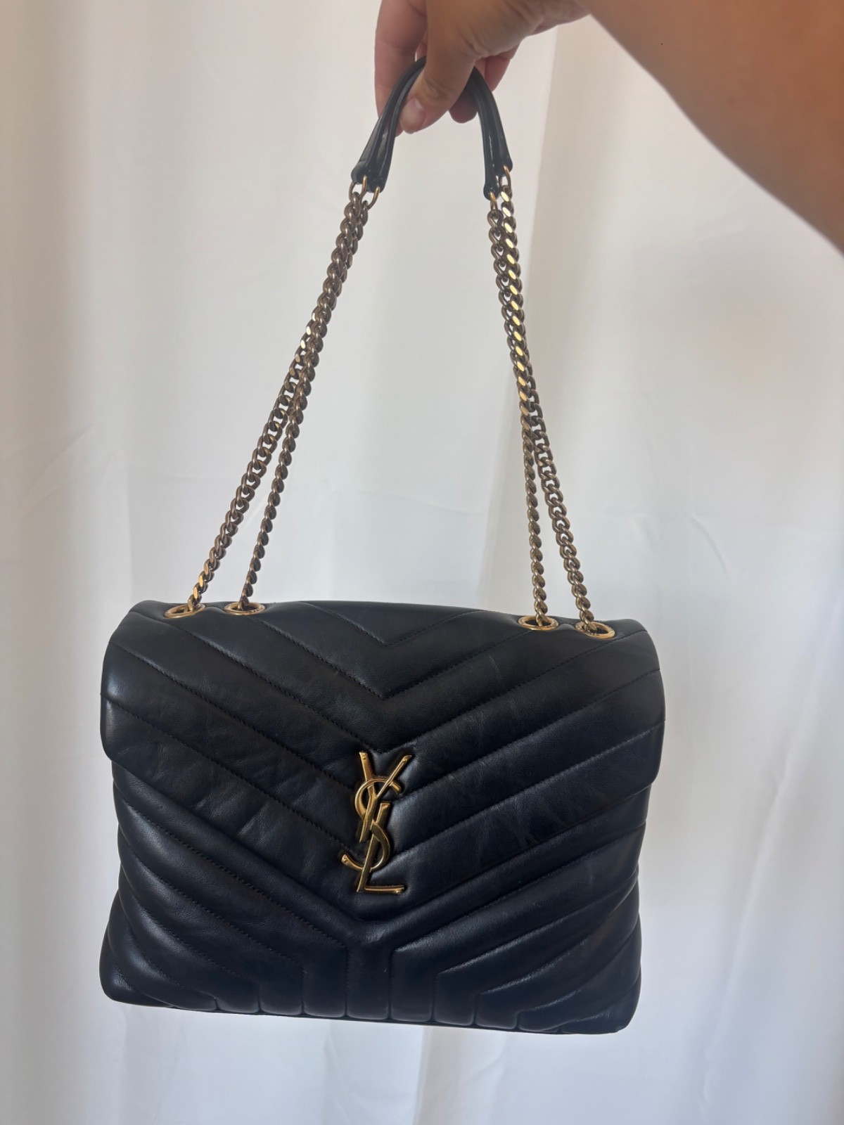 Saint Laurent Loulou Bronze Hardware Shoulder Bag Medium Black Leather