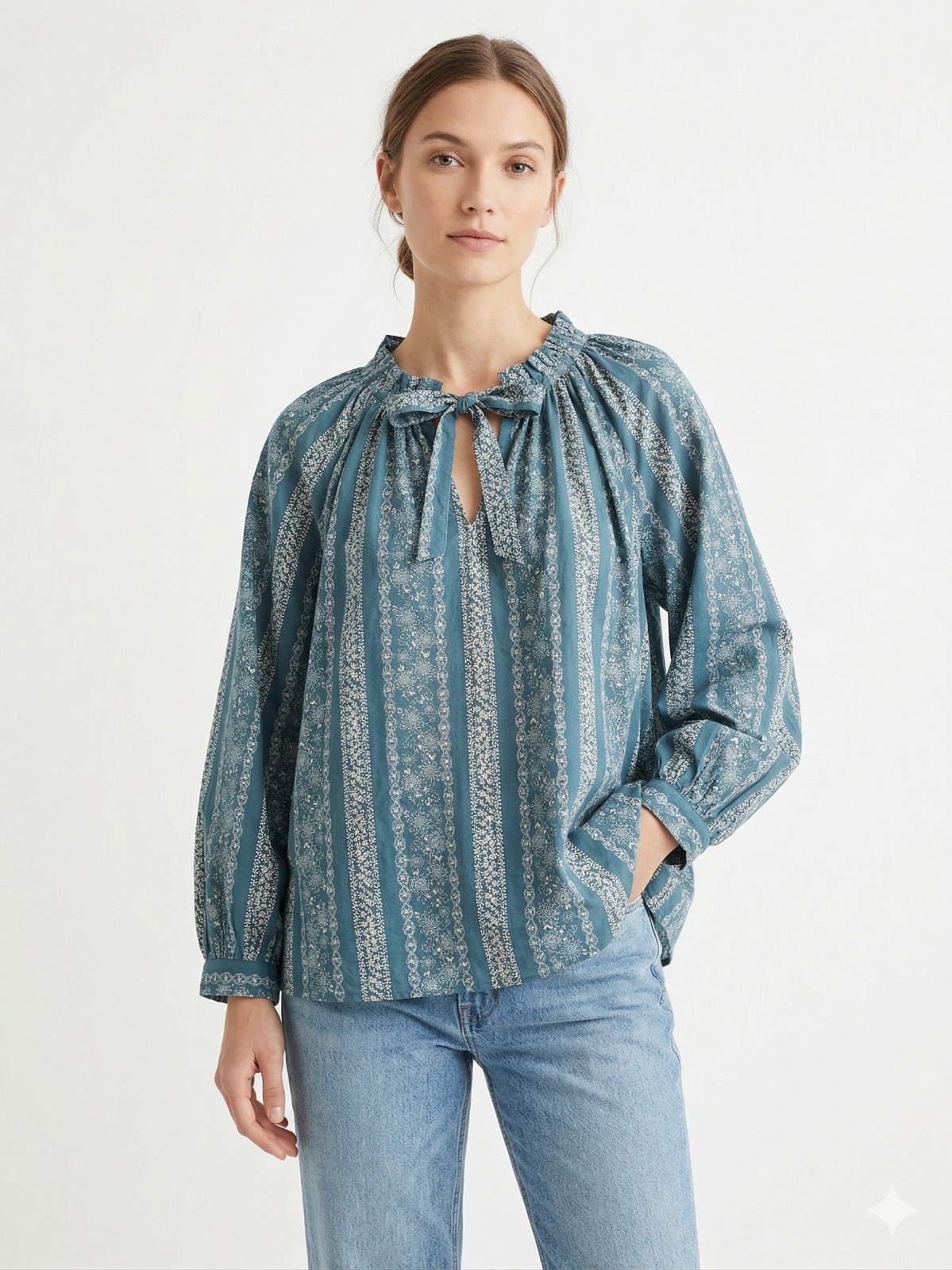 A.N.A. Blouse Blue White Floral Peasant Festival Cottage Boho 2XL