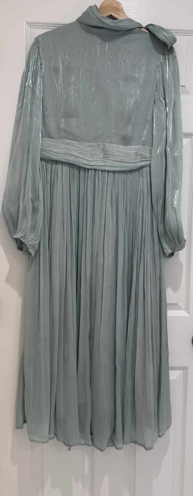 ANEWSTA Sage Green Shimmer Pleated Midi Dress Bow Neck Long Sleeve L