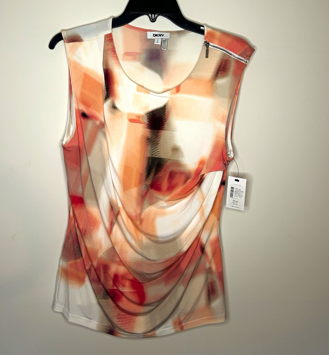 DKNY Women’s Size L Sleeveless Draped Tank Top Abstract Multicolor Round Neck