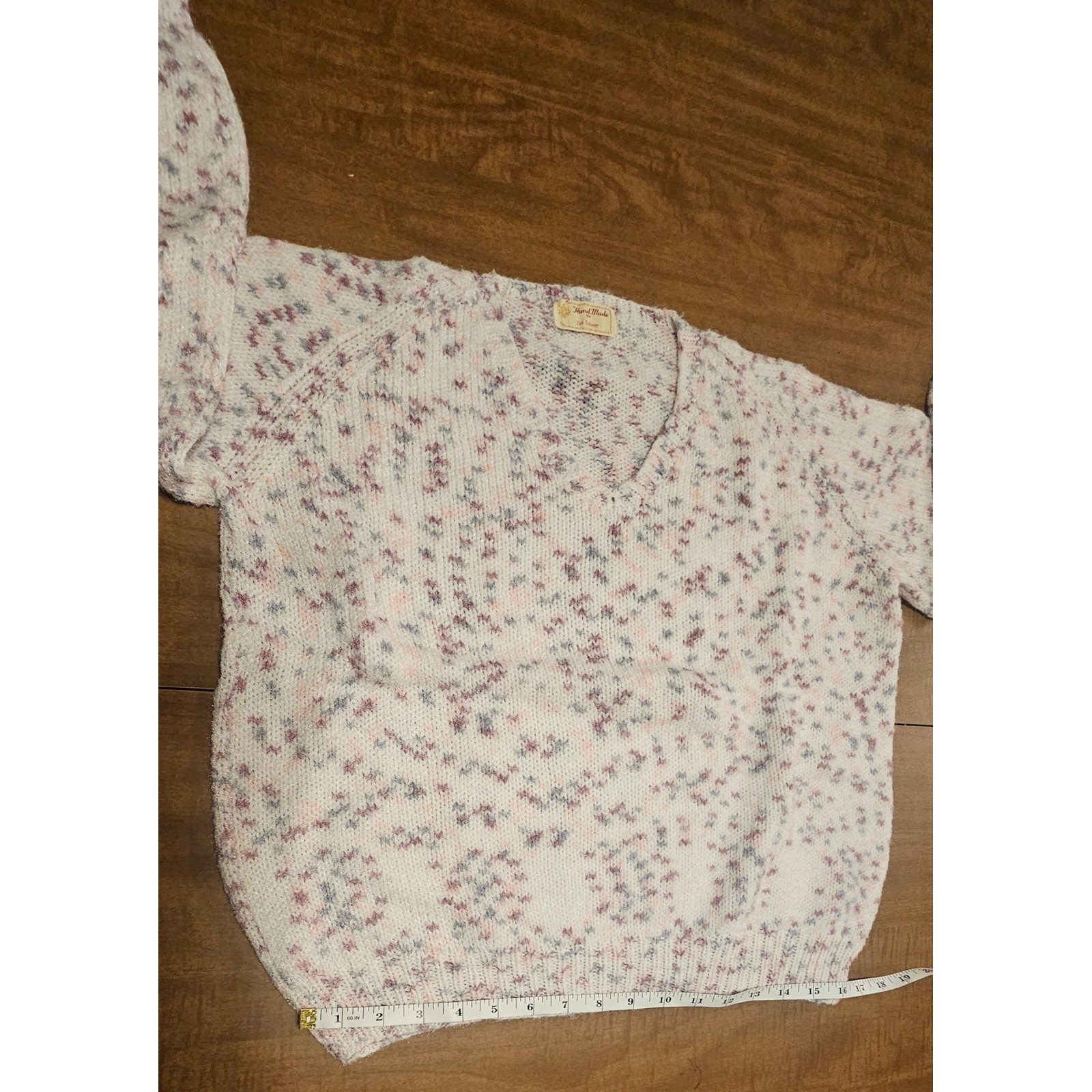 Vntg 80s Homemade Confetti Pastel Flecks V-Neck Knit Sweater M L Puff Sleeves K