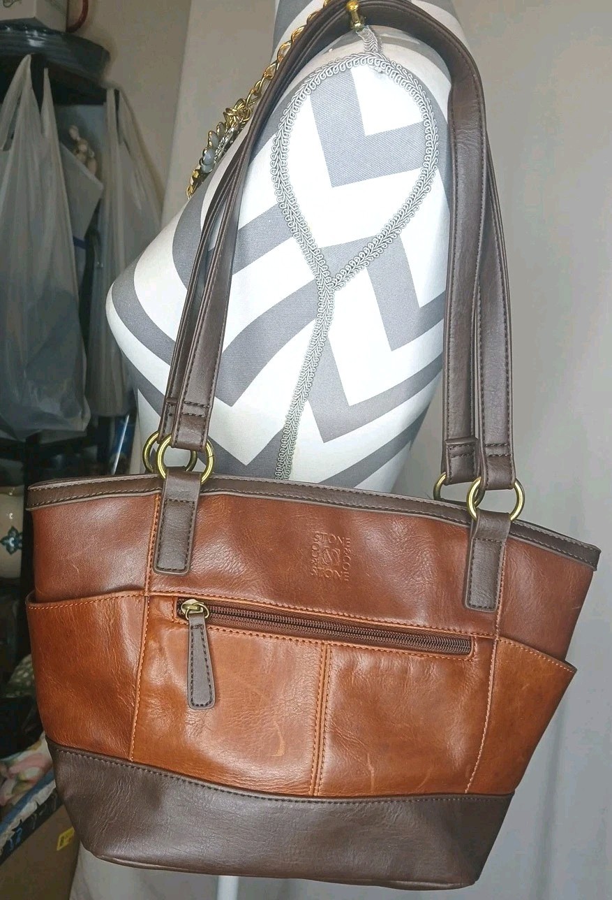 Stone & Co Megan Curved Genuine Leather Tote Hand Bag Purse Brown