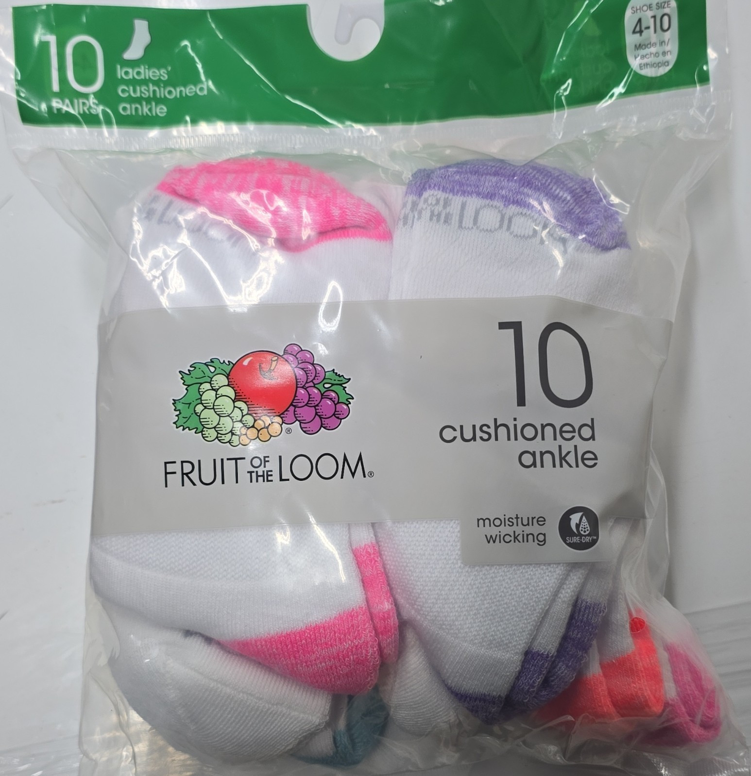 Fruit of the Loom Women’s Cushioned Moisture Wicking Ankle Socks 10 Pairs 4-10