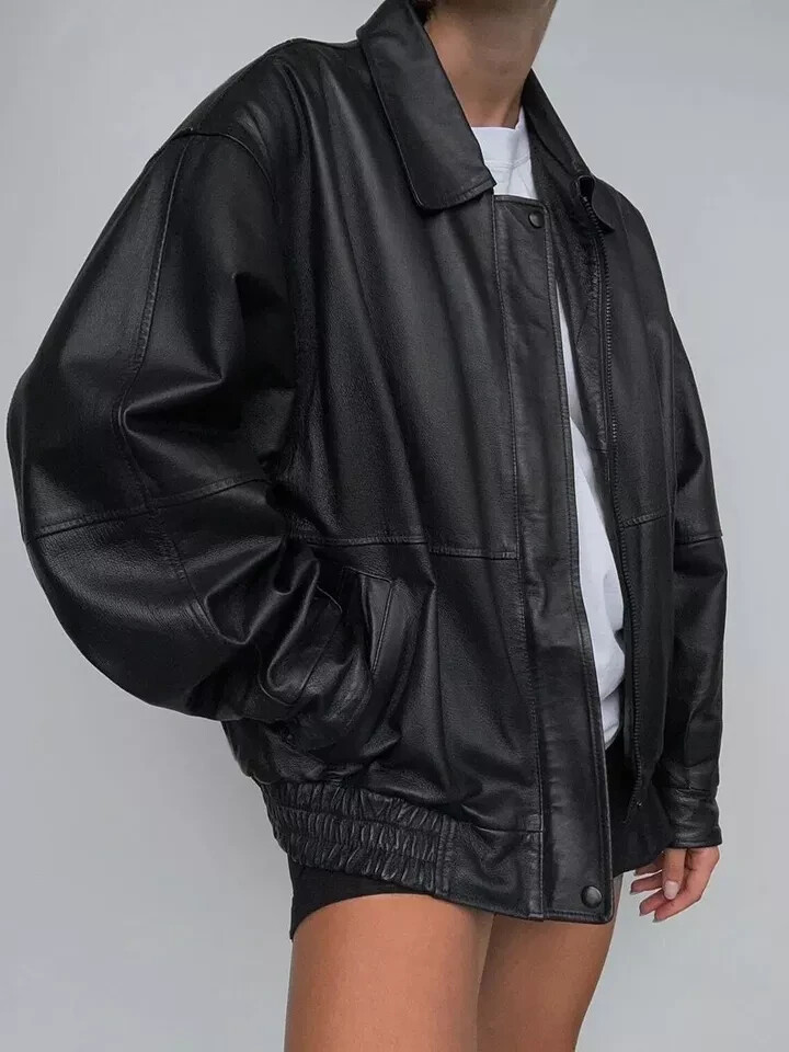 Women Vintage 90s Oversized Bomber Soft Real Lambskin Leather Jacket