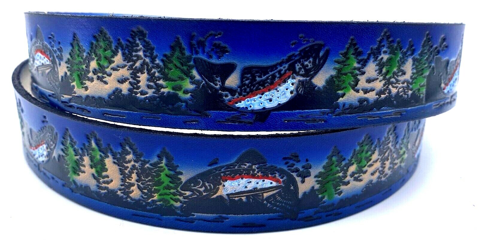 FISHING FLY ANGLER EMBOSSED TRUCKER LEATHER COWHIDE BELT SIZE 26-48 USA MADE