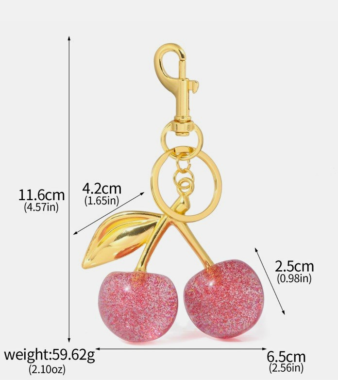 Gold Tone Pink Glitter Cherry Charm Keychain w/ Lobster Clasp 11.6 cm