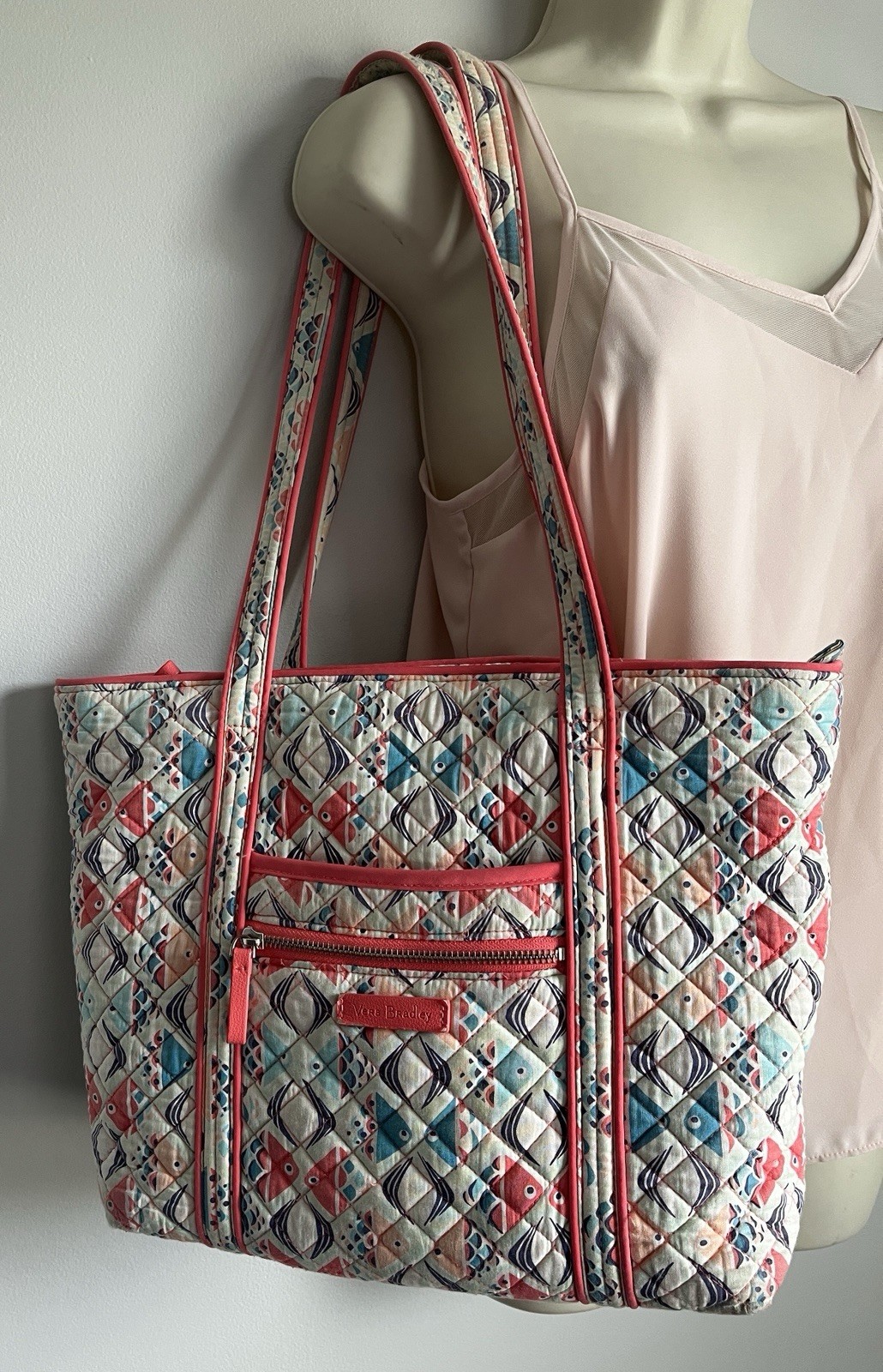 Vera Bradley Teal Coral Fish Print Quilted Zipper 10 Pockets Large Tote Handbag