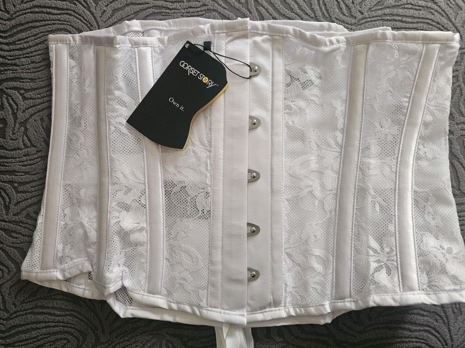 Corset Story White Dupion Mesh Lace Overlay Underbust Corset Size 34″