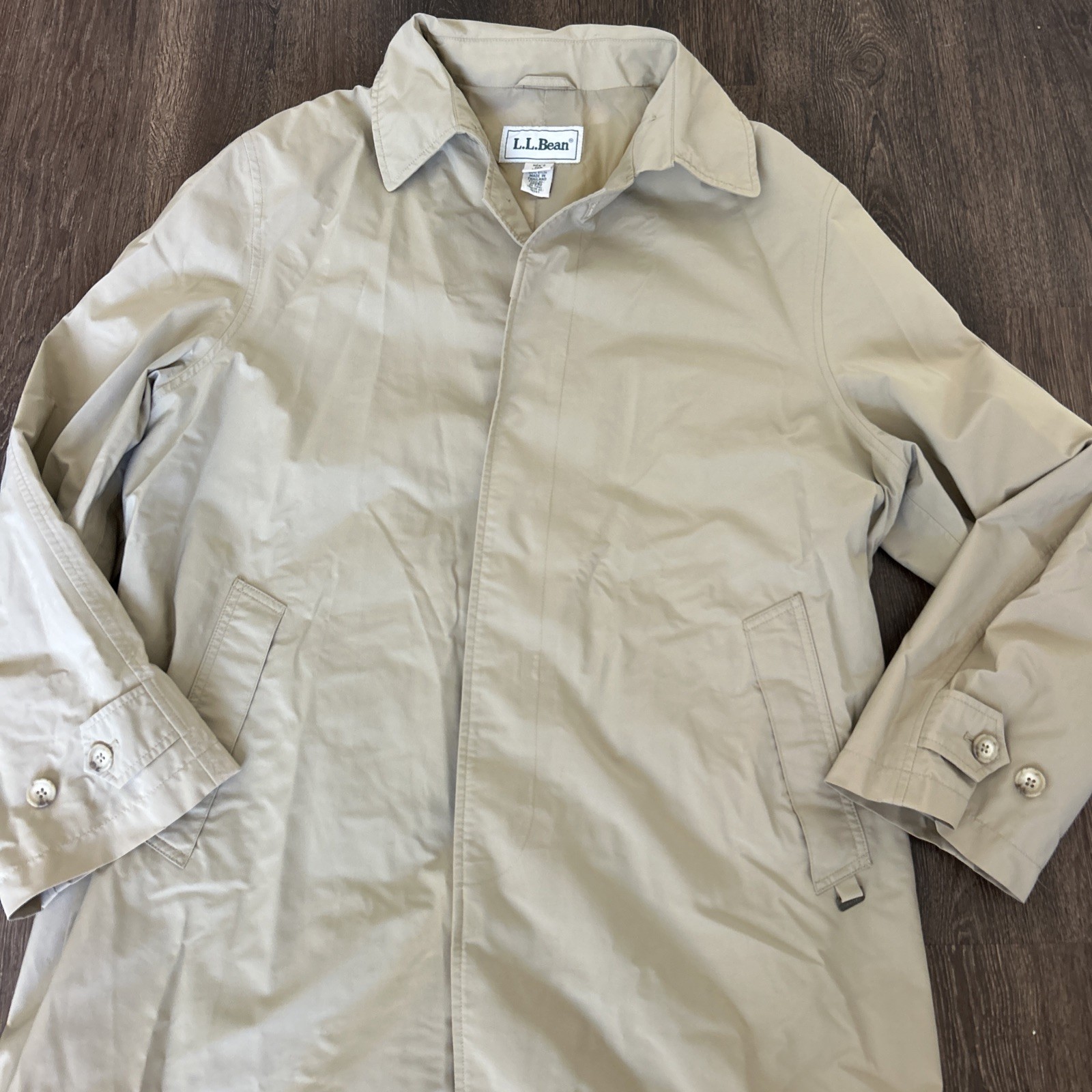 Vintage LL Bean Trench Rain Coat Mens Large Khaki Long Chin Strap Made USA 80s