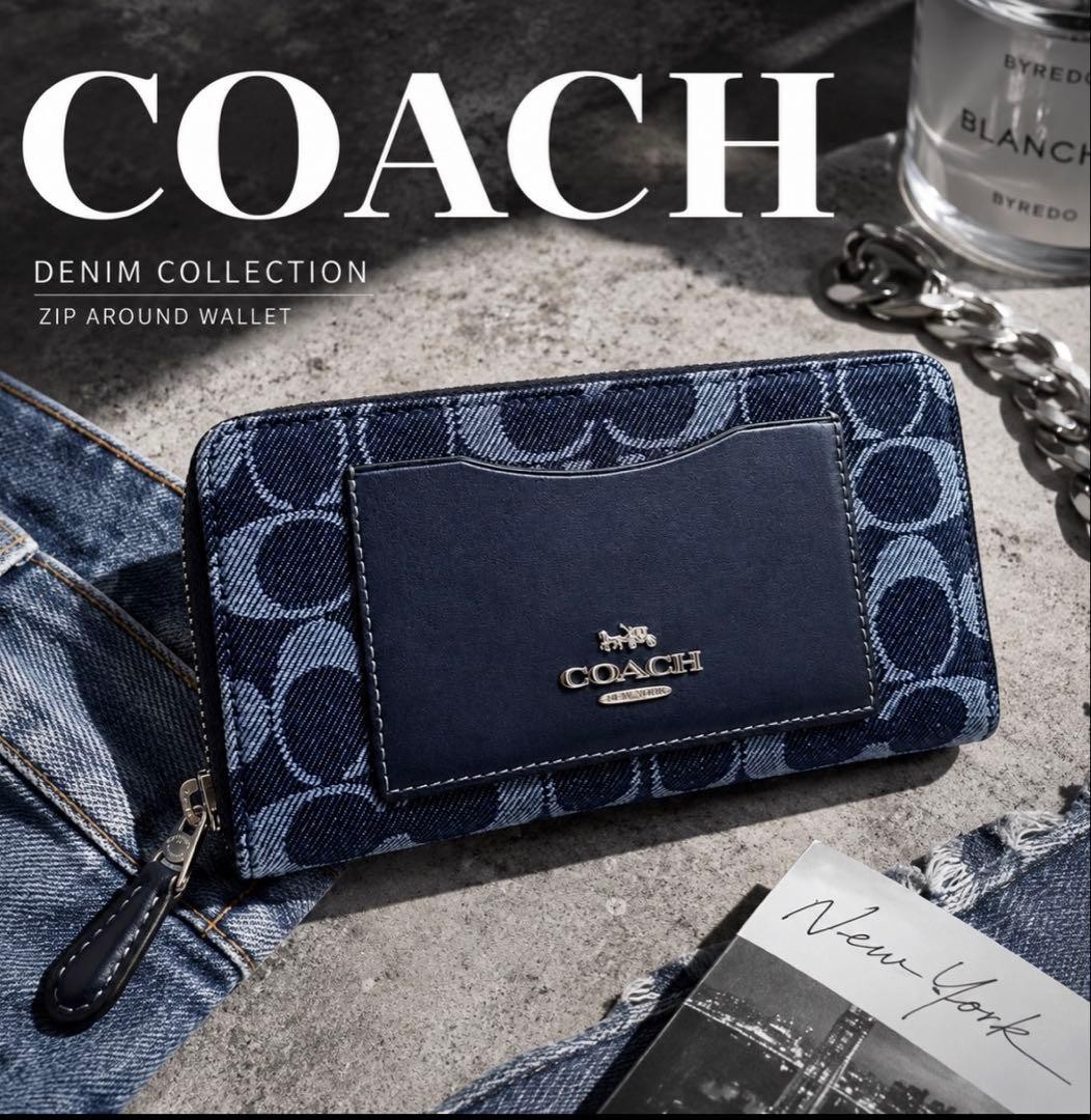 COACH Long Wallet Denim Accordion Zip Wallet Navy Logo