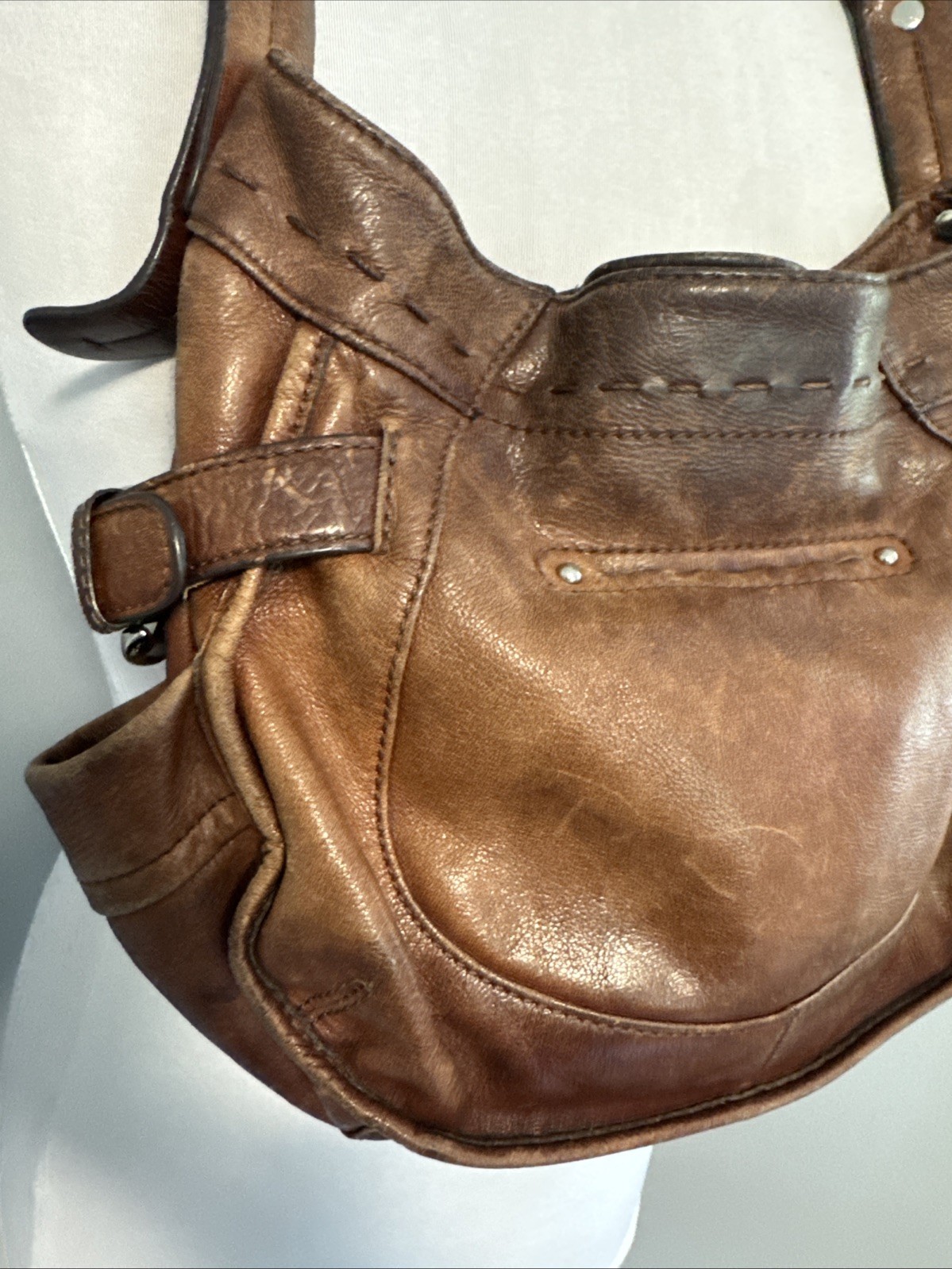 B. Makowsky Brown Leather Shoulder Bag Great Distressed Patina No Rips/Tears