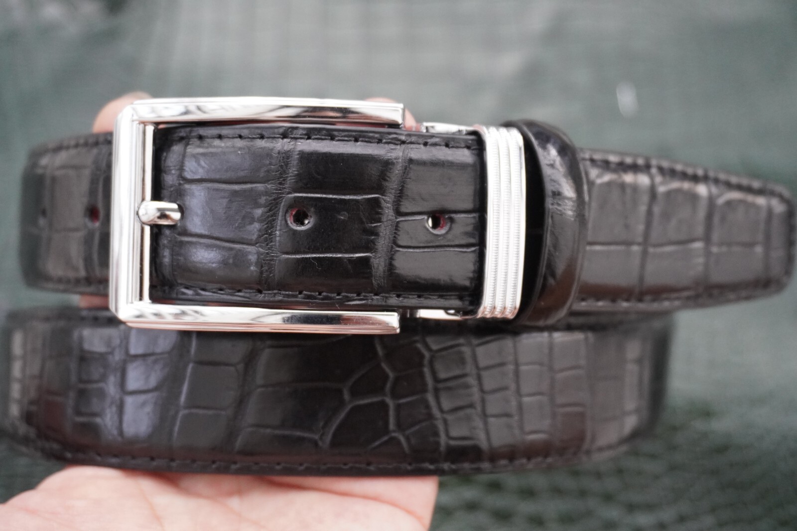 W1.3 inch Black Genuine Crocodile Belly Leather Skin Men’s Belt Pin Buckle #J02