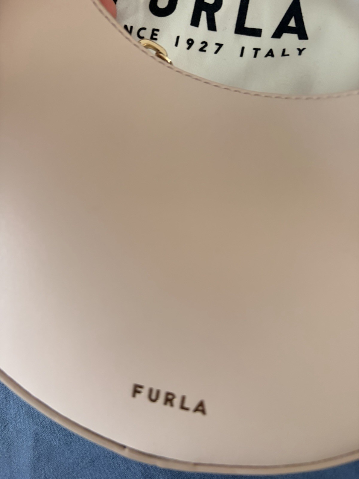 Furla Beige Crescent Shoulder Bag Zip Closure Logo Accent Gold Hardware Dust Bag
